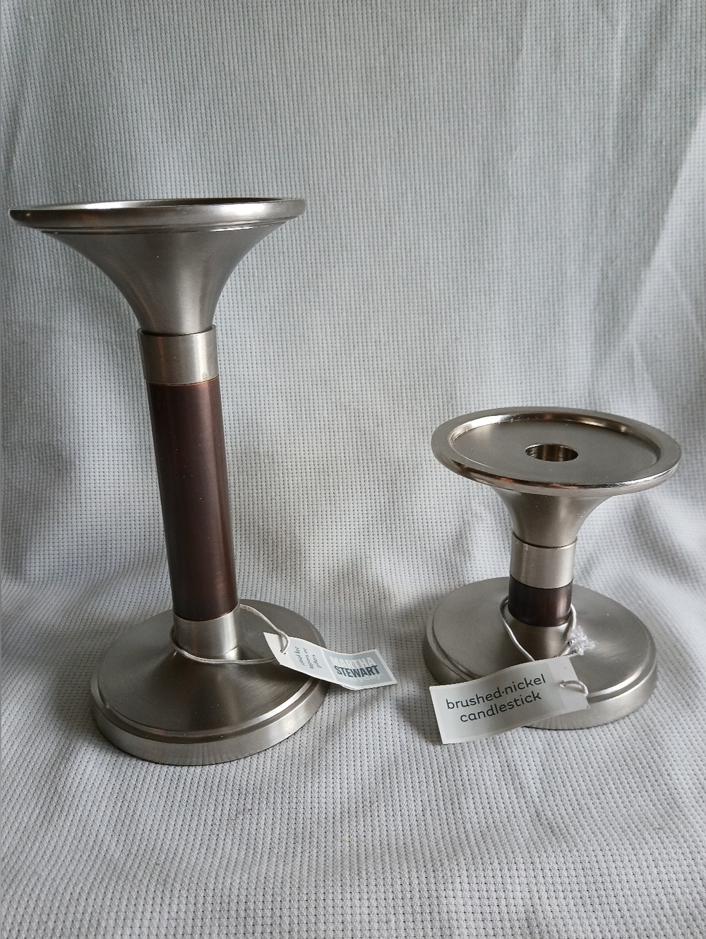 Martha Stewart Brushed Nickel Candlestick with Brown Accent